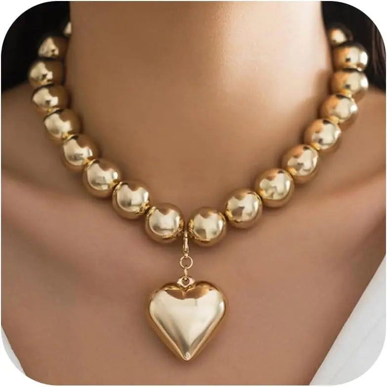 Puffy Heart Necklaces for Women Gold Chunky Beaded Necklaces Heart Charm Necklace Statement Choker Necklace for Women Valentines Day Gifts for Her