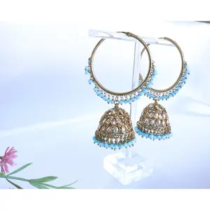 Bella Hoops Earrings with Blue Accents and Gold Finish, Traditional Design, Elegant Style