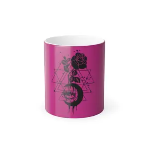 Rose Moon Witchy Color Changing Mug. The heat-reactive surface reveals your custom designs once the mug gets warm. The ceramic cup will go back to its original black outside and white inside when it cools down. It comes in one size – 11oz (0.33l)