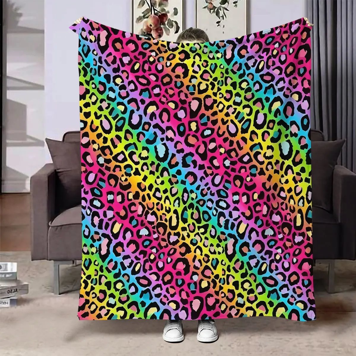 Neon Rainbow Leopard Print Blanket, Perfect Gift for Bedroom Living Room Sofa Long Couch, Stylish Home Decor Accessory