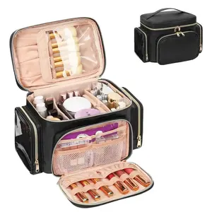 Large Makeup Bag, Portable Travel Makeup Bag Organizer Women Girls with Makeup Compartment & Two Side Pockets, Cosmetic Travel Bag Vertical Storage Toiletry Bag - Black