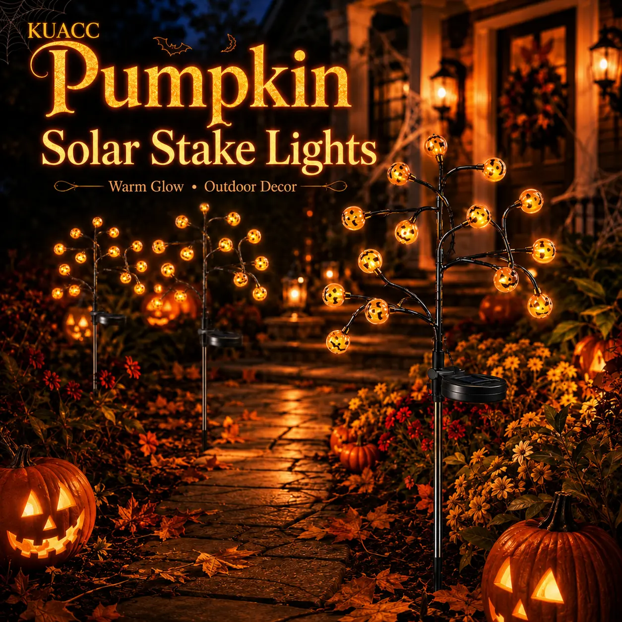2PCS Solar Pumpkin Stake Pathway Lights, IP65 Waterproof Halloween Outdoor Decor with Steady On & Flash Modes, Solar-Powered Garden Lawn Party Decor