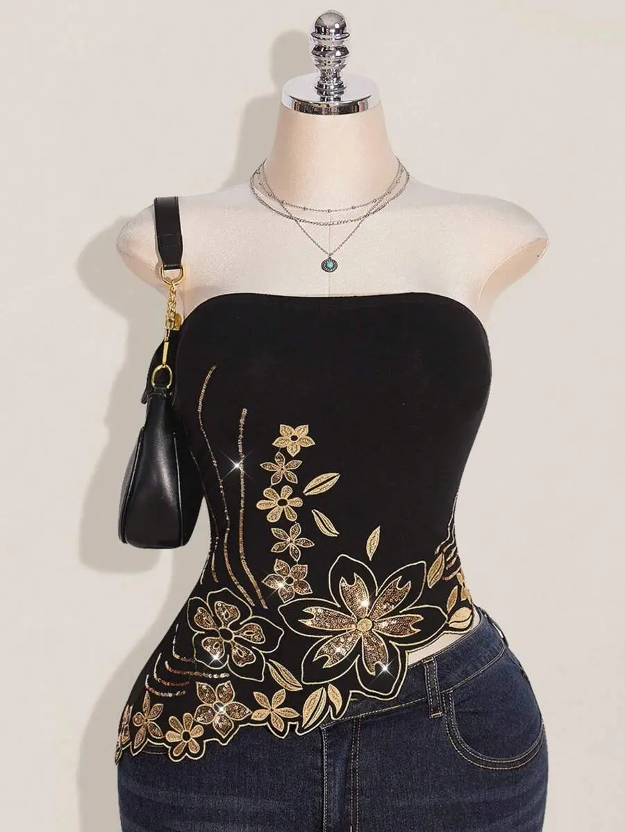 Women's Plus Size Bandeau Asymmetrical Mesh Top Glitter Sequin Corset Style for Festival Night Out