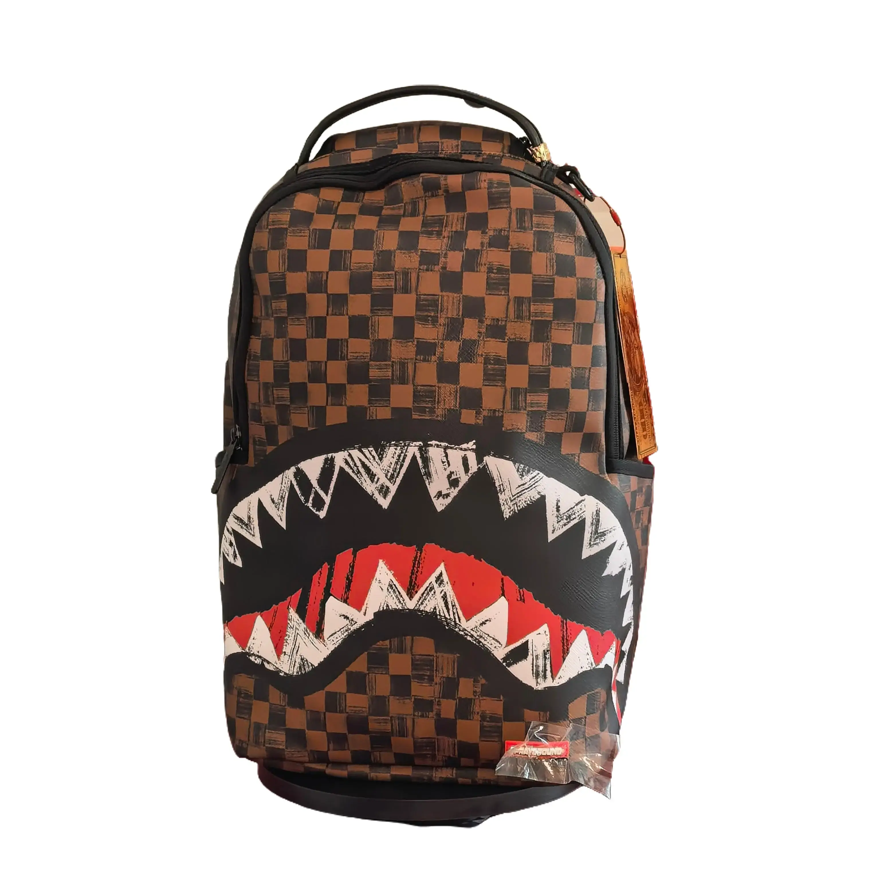 SG Brown Black Distressed Checkerboard Backpack - Hand-Painted Brush Stroke Grid, Sketch Mouth, Unisex Streetwear Gym Bag, Laptop-Friendly for School/Travel