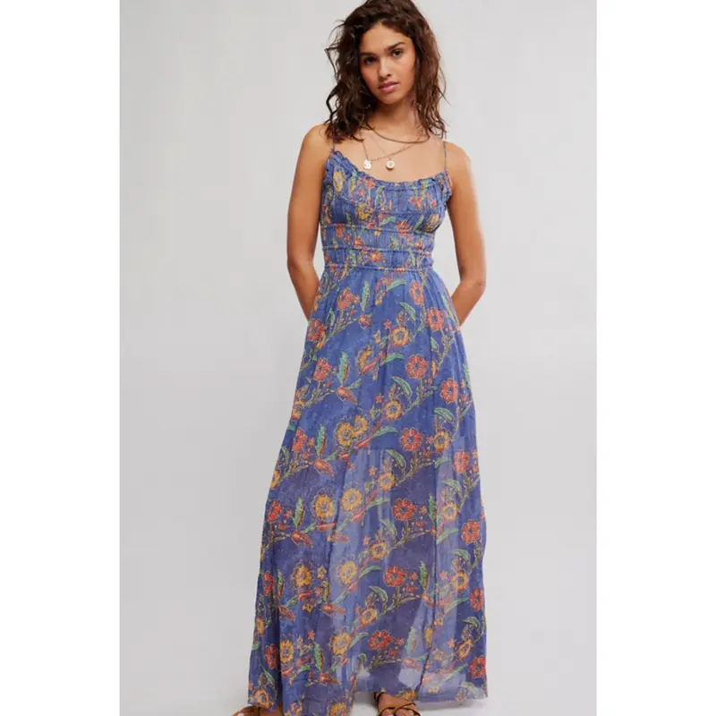 knee length dresses for ladies NicoBlu® Colette Maxi Chiffon Dress in Porcelain Sky English Garden
