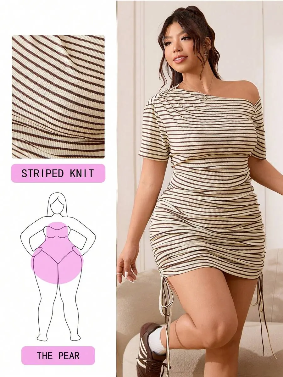 KLEYA Plus Size Beige Striped Knit Ribbed Asymmetric Shoulder Short Sleeve Bodycon Ruched Dress Smart Casual Sexy Everyday Dress for Women