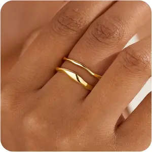 Stackable Gold Rings for Women Non Tarnish, Dainty 14K Gold Plated Chunky Stacking Rings Trendy Statement Pinky Thumb Rings Engagement Eternity Wedding Band Ring Stacking Gold Jewelry Size 4 5 6 7 8 9 10 11