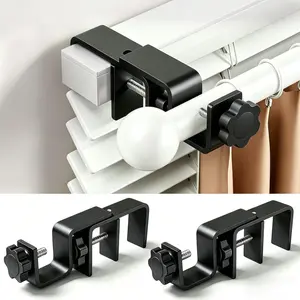 No Drill Curtain Rod Brackets for Outside-Mount Blinds, Tool-Free Over-Blind Curtain Rod Holders, Fits 1-2" Rectangular Headrails, No Wall , Renter Friendly Window Hardware, 2 Pack, Black