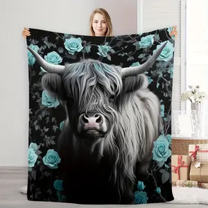 A Cozy Highland Cow And Blue Rose Patterned Fleece Blanket Showcases A Unique Blend Of Natural Beauty And Elegant Floral Design. It Is Soft And Warm, Making It A Perfect Gift For Holiday Memories pattern