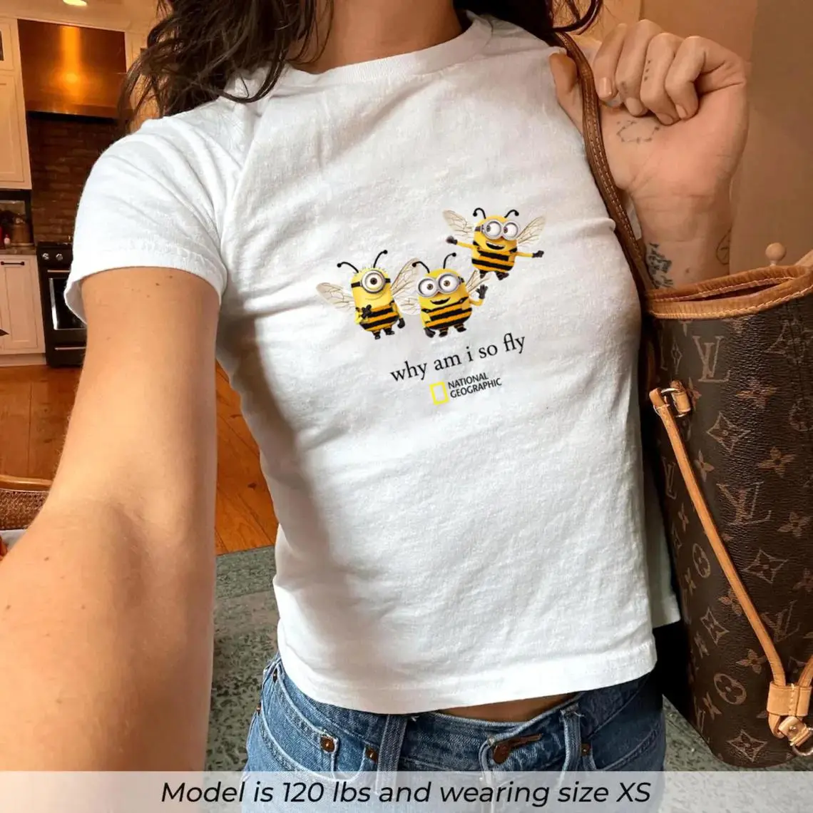 Vintage Style Minions Bee Graphic Baby Tee, Why Am I So Fly National Geographic Funny Cartoon T-Shirt