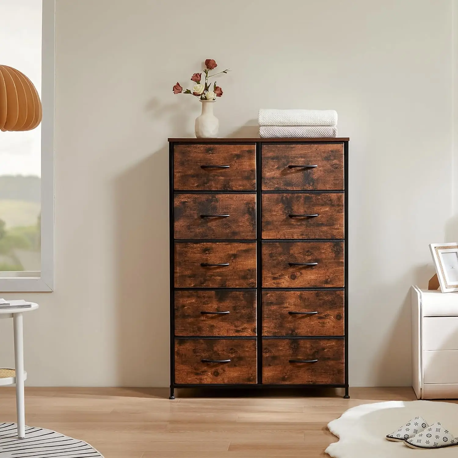 Dresser for Bedroom 10 Drawers Tall Dressers Organizer Fabric Storage Tower Chest of Drawers, Steel Frame, Wood Top for Bedroom, Closet, Entryway