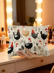 1pc, Soft Farm Roosters and Leaves Printed Corduroy Makeup Bag & Storage Organizer, Chic Handheld Cosmetic Pouch, Wonderful Toiletry Bag for Date Nights and Movie Theater Outings