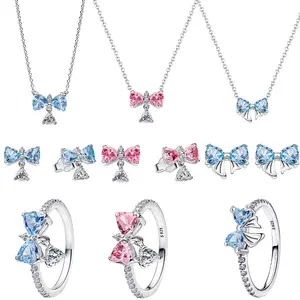 Original 925 Sterling Silver Blue Bow Set Earrings Ring Fit DIY Bracelet Necklace Women's Birthday Party Jewelry Set