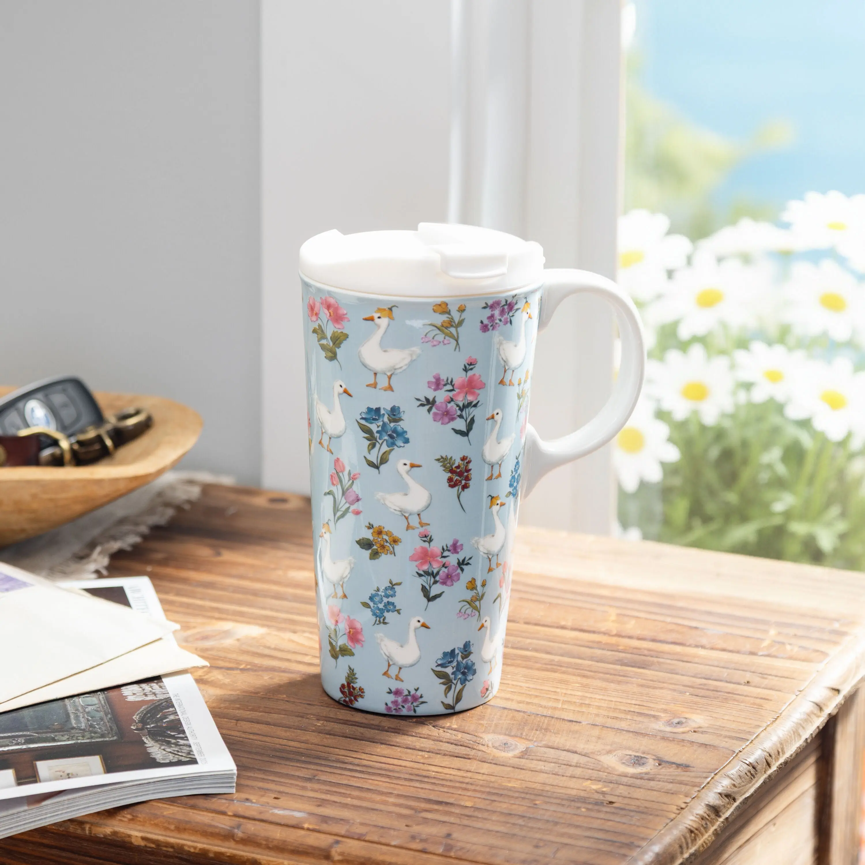 Floral Goose Ceramic Travel Cup, 17oz, Gift Box