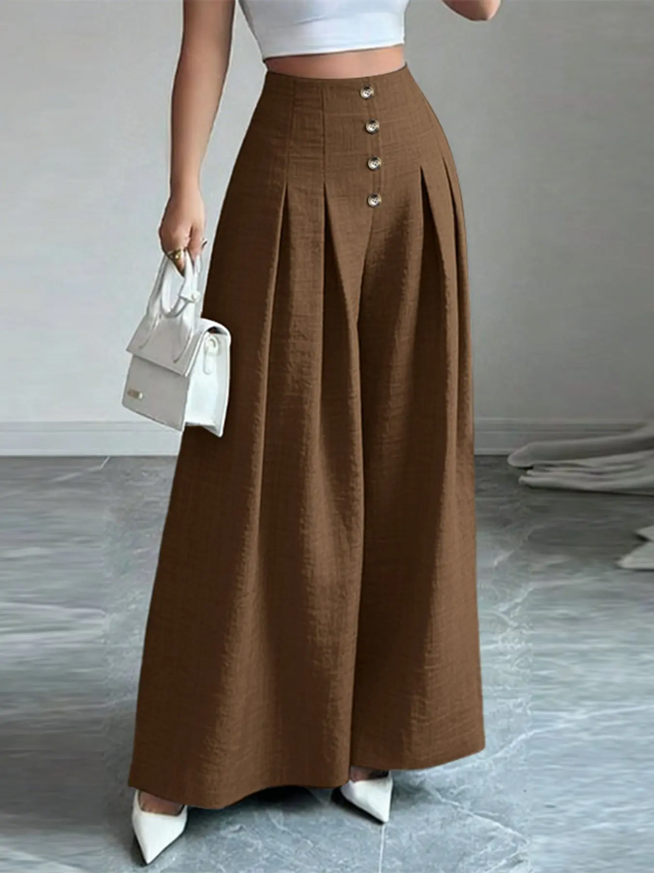 Women's High-Waisted Wide-Leg Pleated Pants, Casual Loose-Fitting Long Pants, Elastic Waist, Spring & Fall Fashion, No Pockets, Womenswear, Bottom