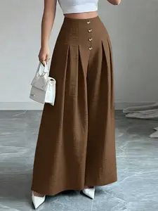 Women's High-Waisted Wide-Leg Pants, Casual Loose-Fitting Long Pants, Elastic Waist, Spring & Fall Fashion, No Pockets