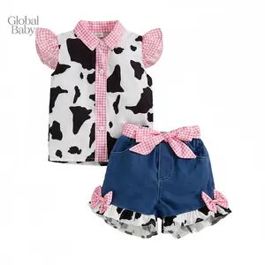 Global Baby 1-6 years Kids Girl Summer 2psc Outfit/ Cow Pattern Print Plaid Patchwork Fly Sleeve Shirts and Denim Skirts with Belt /Baby Clothes Set