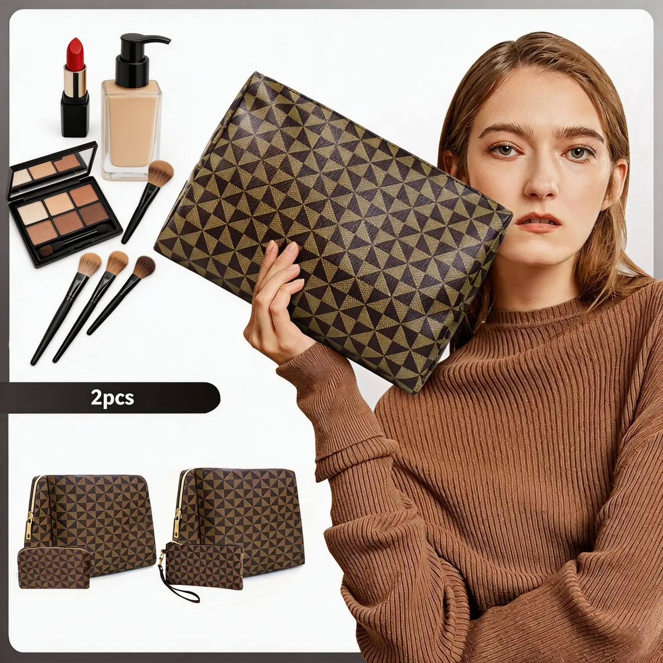 Women's 2-Pieces Stylish Look Leather Cosmetic Storage Bags, Travel-Ready Makeup Organizers with Designer Print Tote, Ideal Gift for Females, Two-Pieces