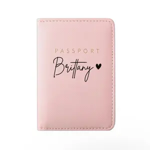Personalized Passport Cover Destination Travel - Pink Leatherette with Custom Name Brittany Heart Design