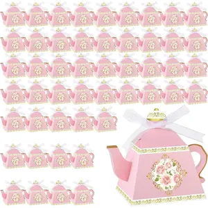 GOITHCA 50 Pcs Tea Party Favor Boxes Tea Party Decorations Vintage Floral Teapot Box Flower Teapot Candy Gift Case for Women Spring Garden Wedding Bridal Shower Birthday(Pink)
