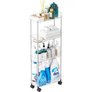 Clear 4 Tier Slim Rolling Storage Cart with Wheels,6.3″W Thin Shelf,Bathroom Storage Cabinet,Skinny Laundry Cart,Narrow Laundry Room Cart Between Washer and Dryer,Skinny Shelves for Small Space