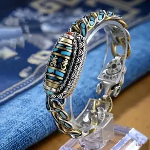 Tibetan Style Nine-Eyed Dzi Bead Bracelet & Anklet, Six-Syllable Mantra Turquoise Inlaid Lucky Amulet, Spiritual Meditation Ornament Suitable For Daily Casual Wear