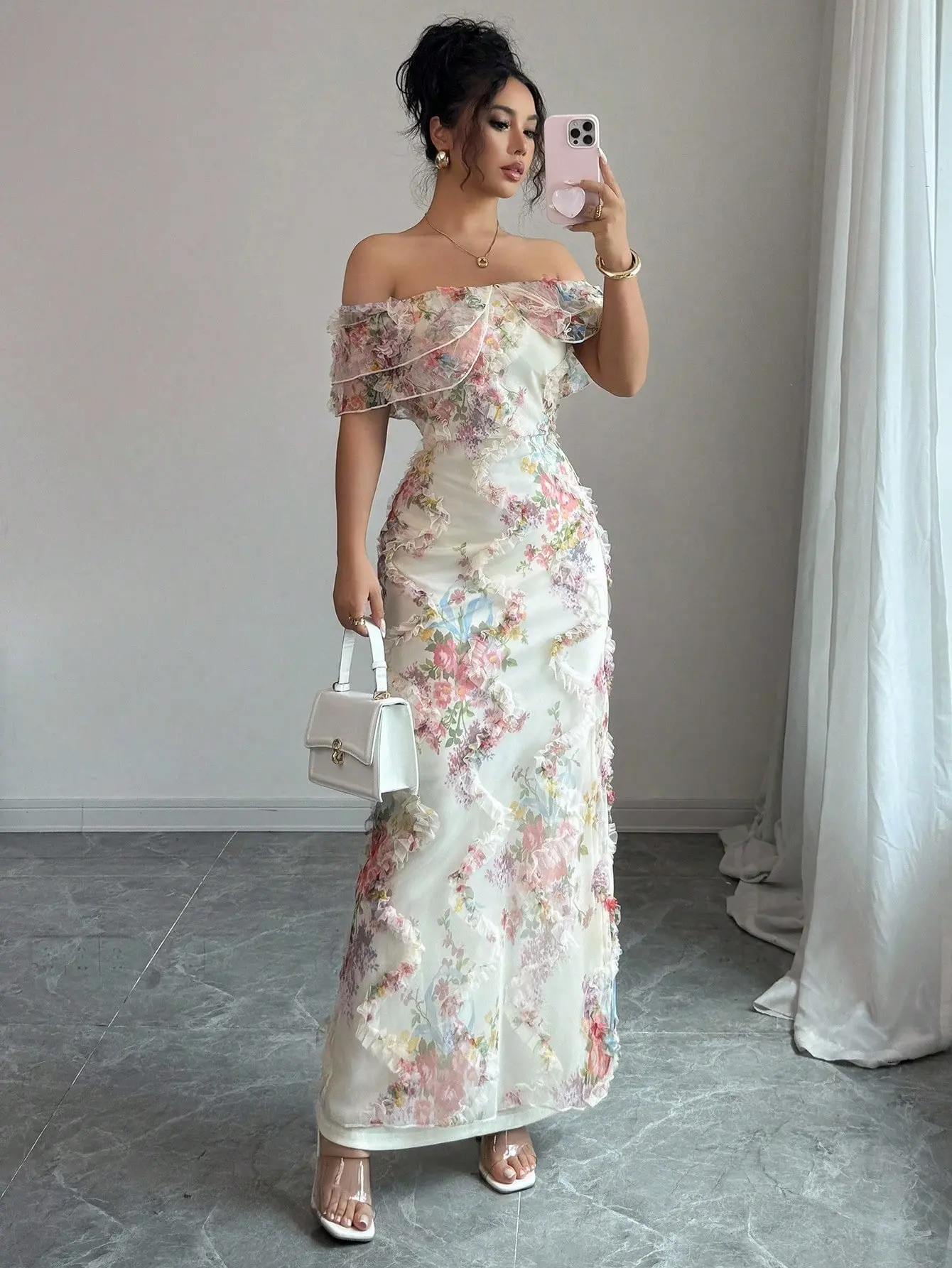 2026 New Women's Elegant Romantic Floral Mesh Bodycon Dress - Off-Shoulder Design, Ruffled Detail, Fitted Waist, Mixed Print, Casual Chic