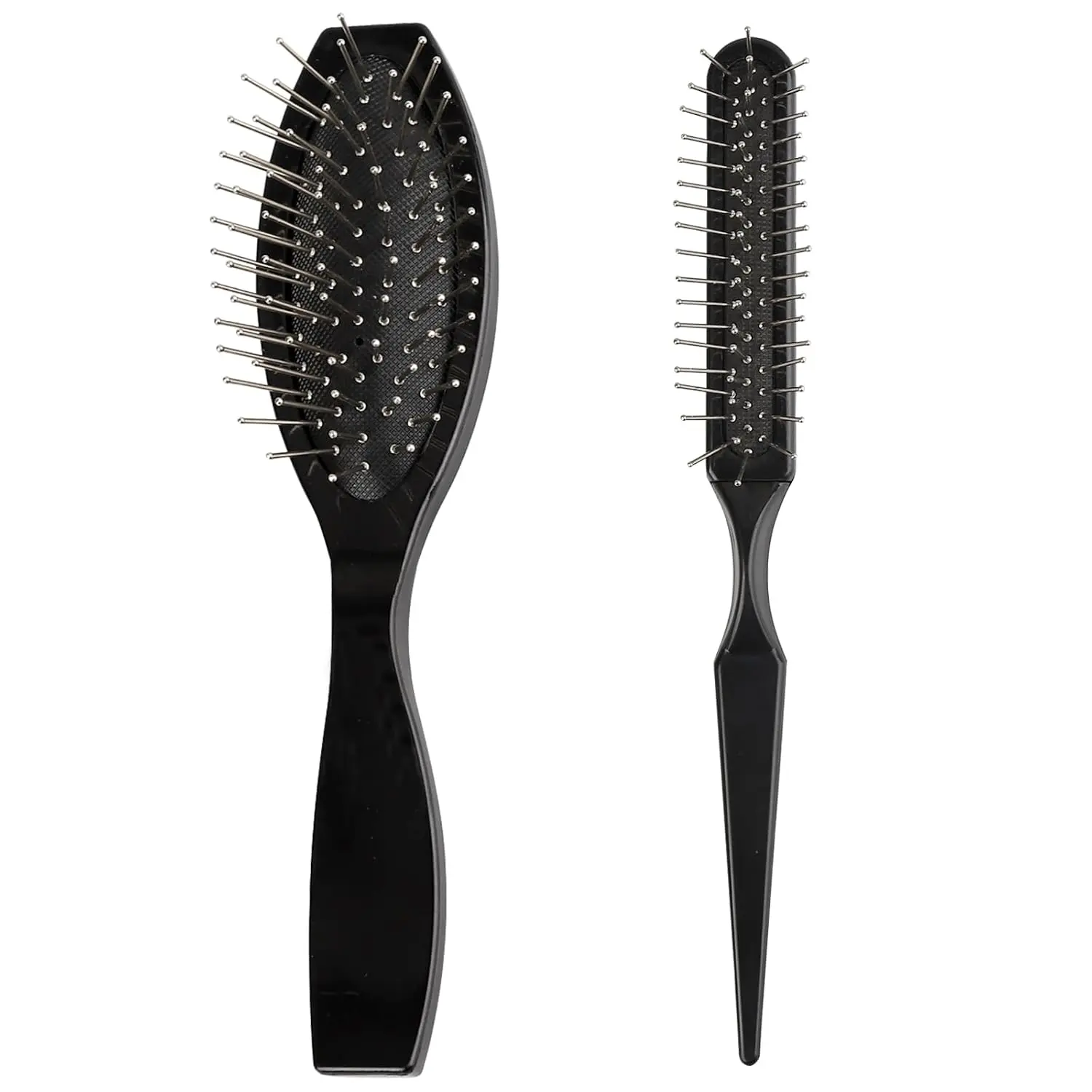 2-in-1 Synthetic Wig Brush with Stainless Steel Handle and Ball Tips for Gentle Detangling and Styling Natural Curls and Wigs - Black (2PCS)
