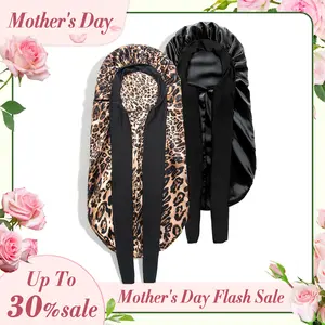 【Mother's Day】Women's Satin Silk Braid Bonnet - 2 Count Large Long Sleep Cap with Stretchy Tie Band for Braids Elastic Soft Premium Designed Hats (Black&Pink)