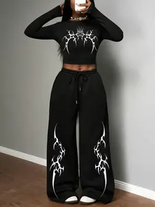 Women's Slim Fit Round Neck Long Sleeve Top + Casual Straight Leg Sport Pants Set, Sports Casual Wear, sports clothing set, Gothic Print, Loose-Fitting, All Seasons