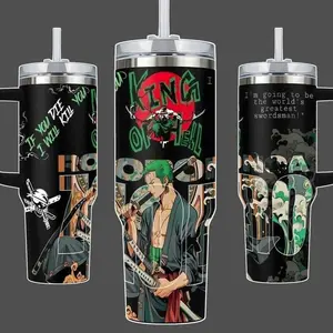 Zoro - OP Stainless Steel Insulated Travel Tumbler With Handle 20oz 40oz King of Hell Swordsman Anime Wrap Design
