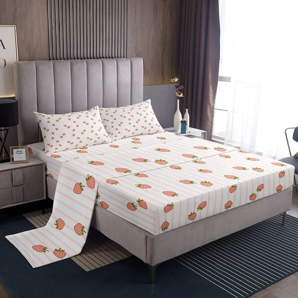 Feelyou Queen Size Strawberry Bedding Set - Kawaii Strawberry Print, Pink Stripe, Soft Lightweight Microfiber, Breathable Decorative Bed Sheets, Fruit Collection Linens