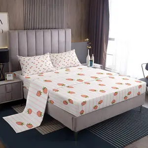 Feelyou Strawberry Bedding Set - Kawaii Strawberry Print, Pink Stripe, Soft Breathable Fitted Sheet, Queen Size Breathable Microfiber Lightweight Cute Fruit Luxury Bedding Collection