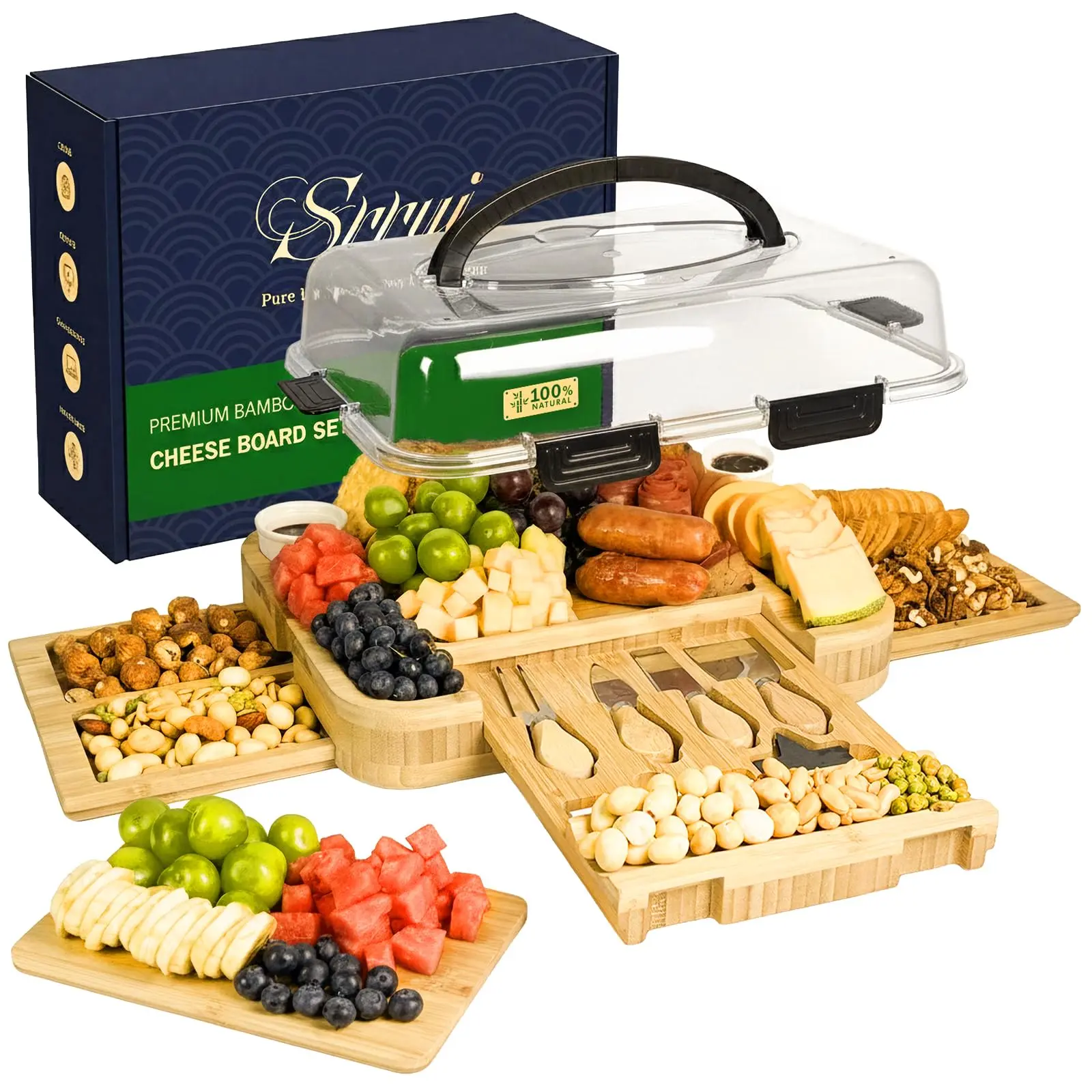 Charcuterie Board Set with Lid, Drawers, Tray, Serving Accessories, Bamboo, Cheese