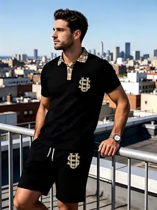 Men's Plaid Collar Patchwork Polo Set, Letter Print Short Sleeve Tee and Shorts Two-Piece, Casual Loose-Fitting Style