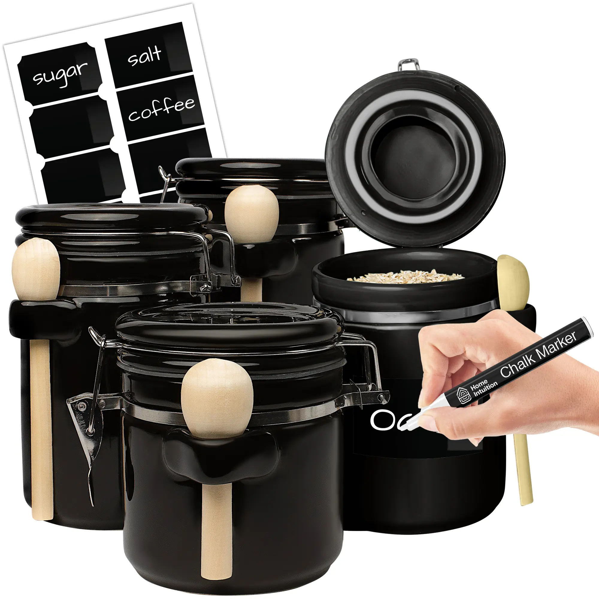 Home Intuition 4-Piece Ceramic Kitchen Canisters Set Airtight Containers with Wooden Spoons For Sugar, Coffee, Flour, Tea Lids Storage