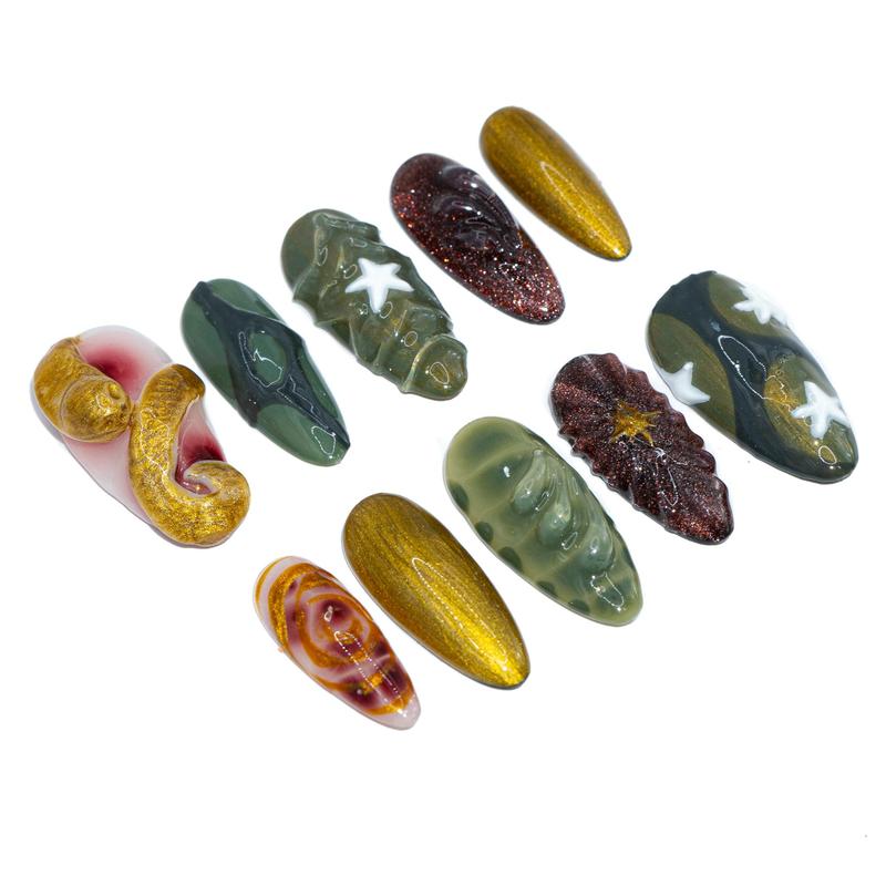 [FLASH SALE 50%] Abstract press on nails, 3D textured art in green gold brown tones, galaxy star design, handmade statement nail set for women