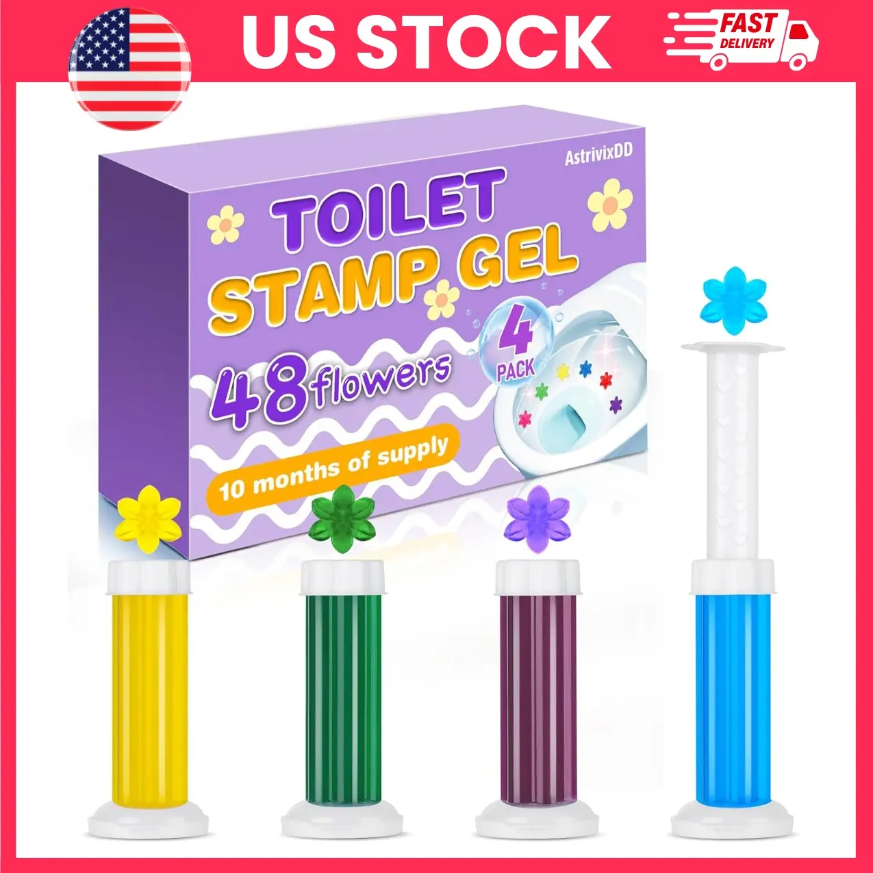 4 Pack Toilet Gel Stamp, 48 Flowers Toilet Gel Stamp Box, Deodorizing Bathroom Freshener with Flower Scent, Toilet Bowl Cleaner Gel, Keeps Toilet Clean & Fresh for Up to 12 Months, Long-Lasting Bathroom Freshener | Household Cleaners