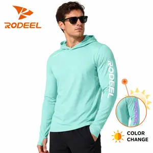 RODEEL 962 Sun Hoodie Shirts w/ Thumbhole UV Detection Logo Men UPF 50+ Sun Protection Long Sleeve Lightweight Quick Dry Moisture Wicking Breathable Athletic Activewear for Outdoor Fishing Boating Hiking Construction Roofing Landscaping, SummerVibes