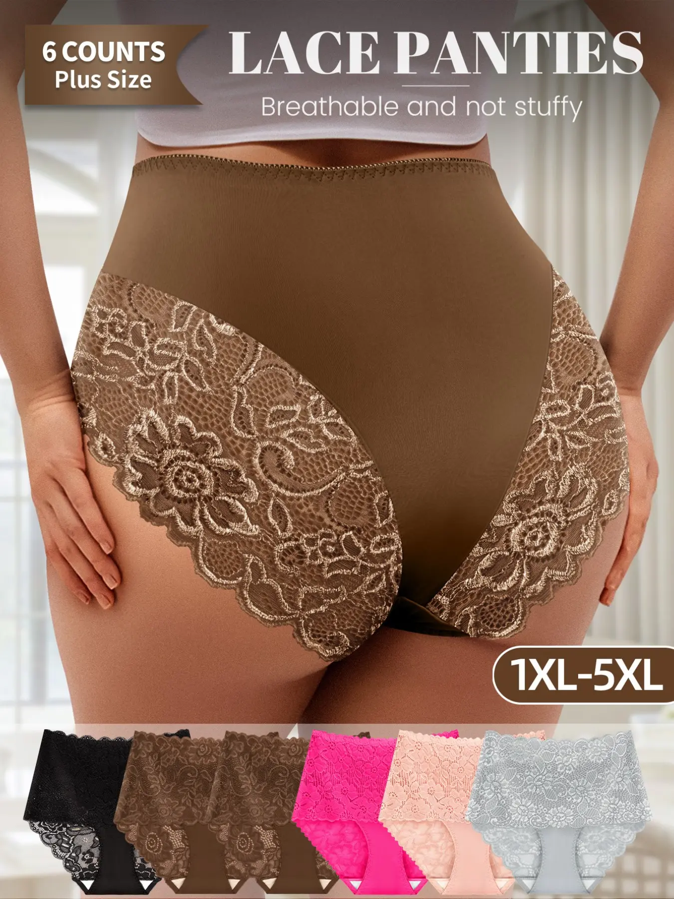 Morelect 6-Pack Plus Size Lace Floral High-Waisted Underwear, Comfortable Breathable Triangle Pants, 1xl-5xl, Multi-Color, All Seasons