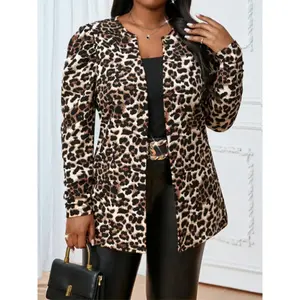 Plus size women's leopard print cardigan, casual and fashionable cardigan, suitable for all seasons, no pocket designRAIMENTRY