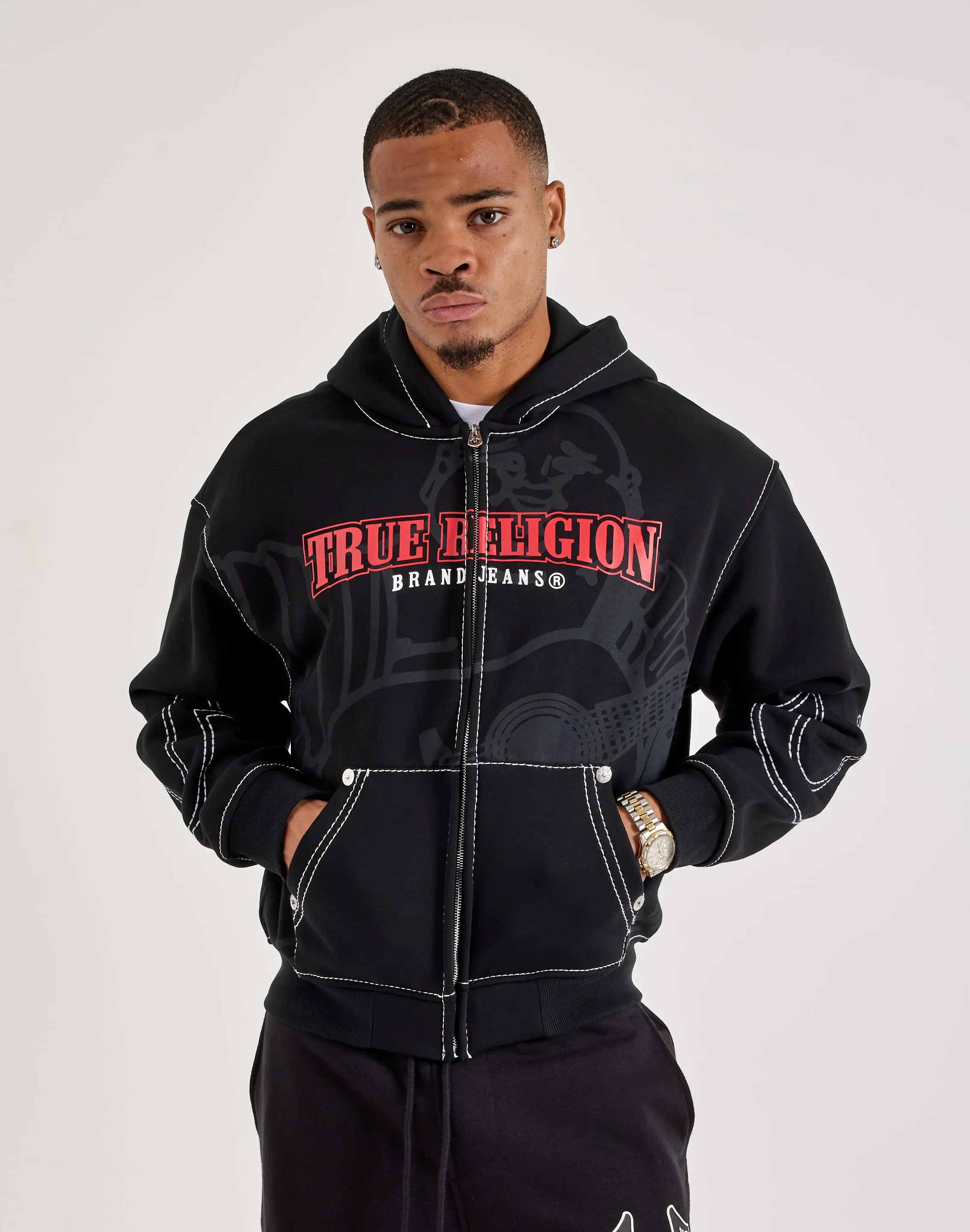 Mens True Religion Anniversary Big-T Zip Fleece Hoodie