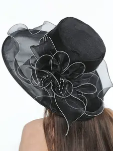 HIMESPORT Wedding Bridal Church Sequin Fascinator Hats Kentucky Derby Hats For Women Ladies Flower Hats Large Wide Brim Fedora Organza Hat Tea Party Dress