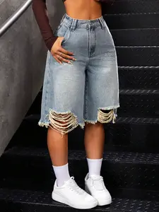 American Retro Hot Girl Style Distressed Fleece Hem Jeans Mid-Thigh Pants, Must-Have Streetwear, High Waist Loose-Fitting Casual Denim