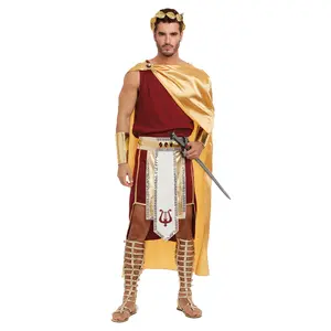 Apollo Men Greek God Costume with Gold Satin Cape Ruby Stone Skirt Lyre Prints Sleeveless Shirt Gold Leaf Headpiece Menswear Classic Clothes