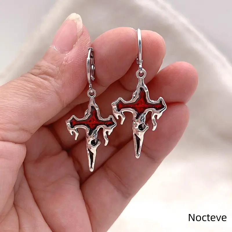 Women’s Gothic Flame Lava Cross Base Alloy Drop Earrings, Retro Y2K Punk Niche Trendy Daily Ear Jewelry & Cool Edgy Feminine Holiday Gift Wear