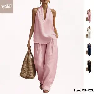 YeeZaa 2 Piece Linen Sets for Women 85% Cotton 15% Linen Halter Top Wide Leg Pant Sets Cotton Linen Casual Two Piece Sets 2 Piece Summer Outfits Sleeveless V Neck Halter Tops Match Baggy Wide Leg Pants Fashion Travel Vacation Beach Trousers with Pockets