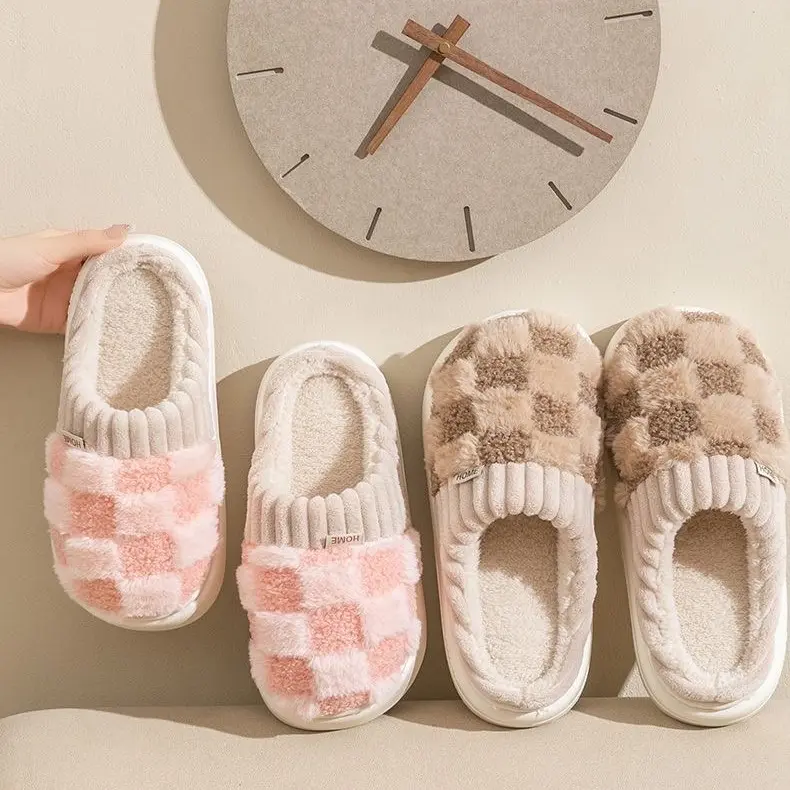 Women's Thick-Sole Slide Plaid Slippers - Cotton Upper, Plush Warm Fuzzy Slip-On Shoes for Women, Cozy Feet, Indoor Bedroom Casual Use (Unisex Sizes Available)