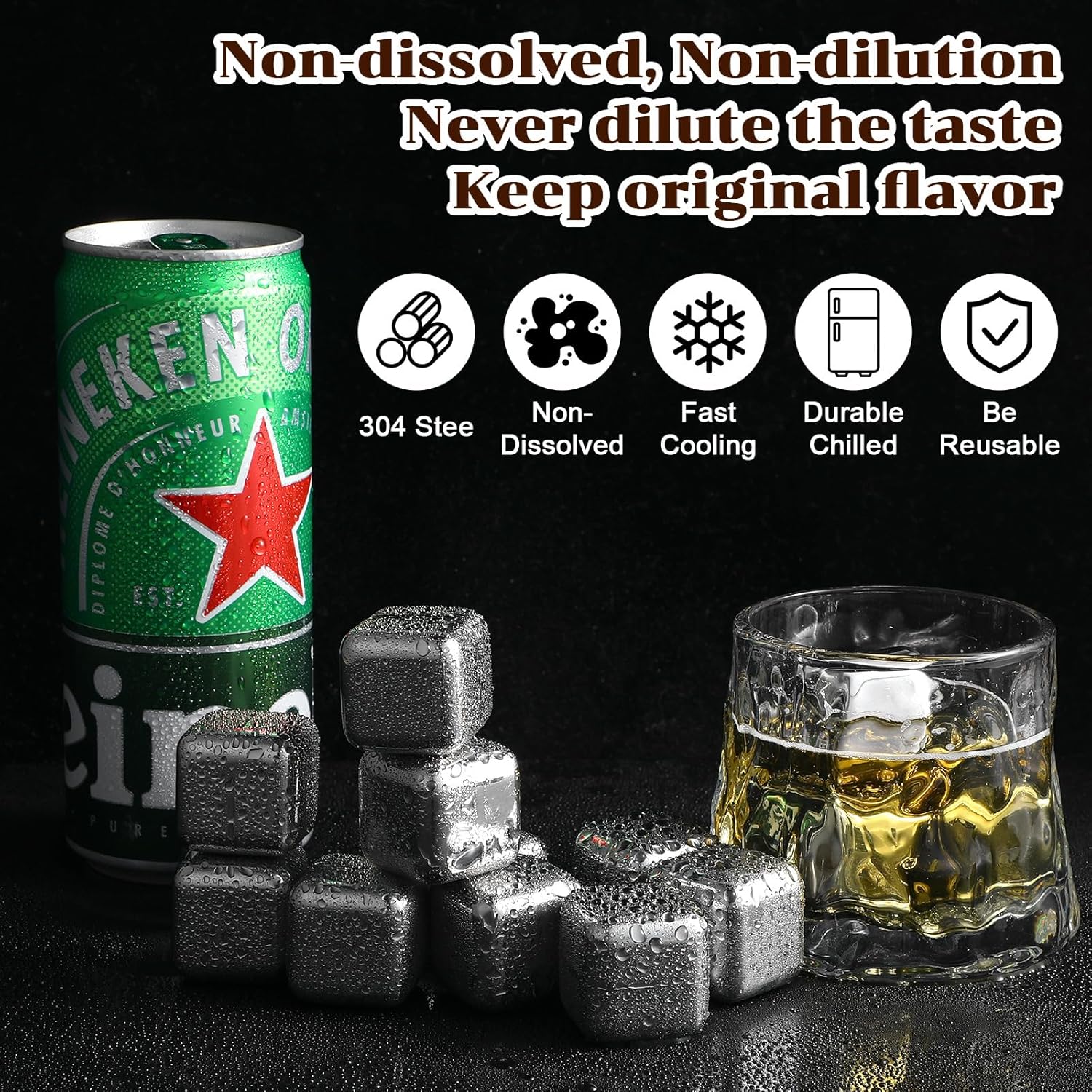 12 Pack Reusable Whiskey Stones 304 Stainless Steel Ice Cubes for Drinks Chill Without Diluting Whiskey Scotch Bourbon Gifts Drinkware 2.7 cm
