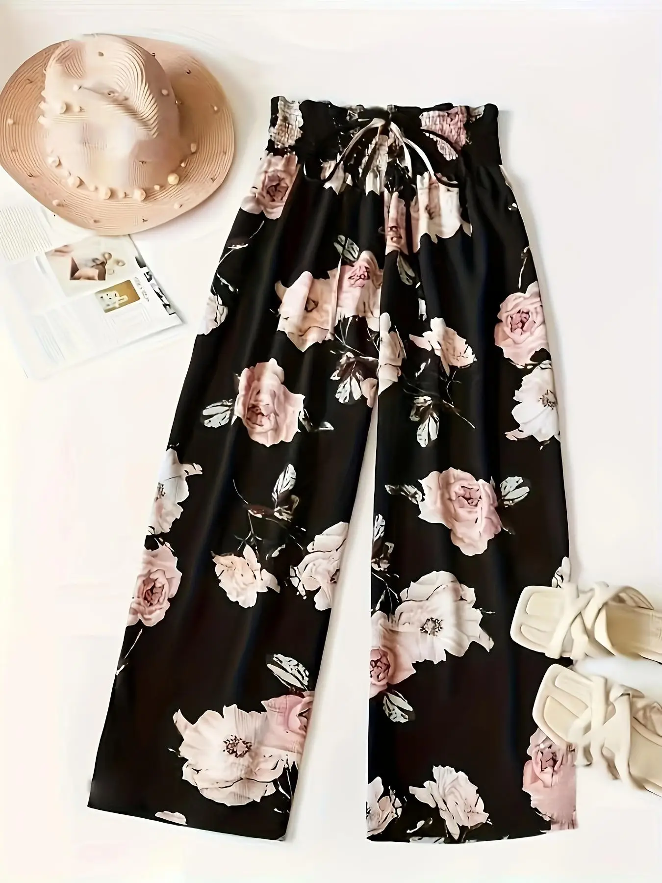 Women's Floral Print Drawstring Waist Wideleg Pants, Loose Chic Boho Bohemian Shirred Baggy Trousers for Lady Daily Wear Holiday Vacation, Going Out B